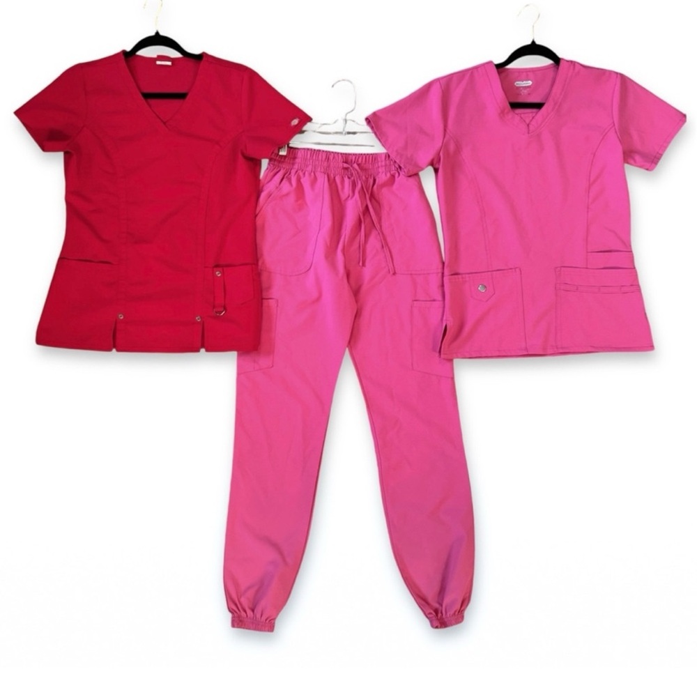 Scrubaid Pink Scrub Jogger Set 1338 & Dickies Red Scrub Top Lot